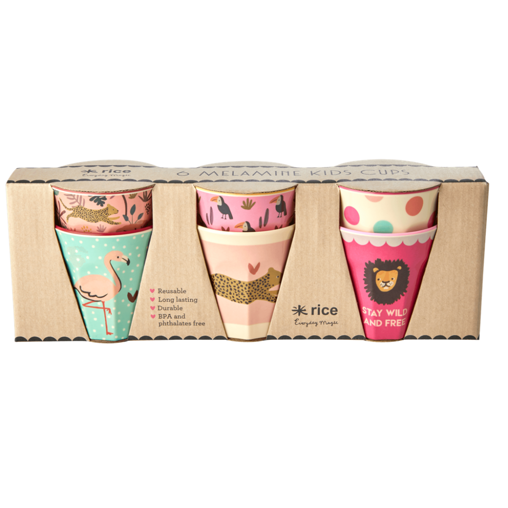 Set of 6 Small Kids Melamine Cups Pink Jungle Collection Rice DK